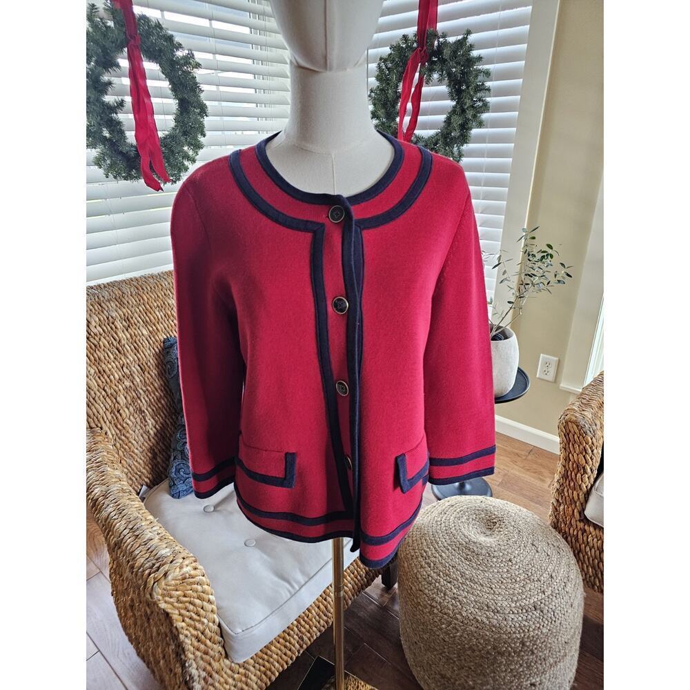 Talbots Red & Navy Blue Cardigan Sweater Womens‎ Size M Preppy Nautical